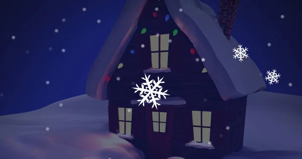 Изображение Снега Падающего Рождественский Украшенный Дом Волшебными Огнями Зимнем Пейзаже — стоковое фото