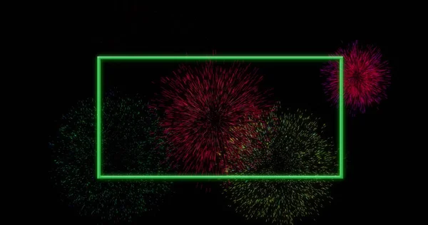 Afbeelding Van Groene Rechthoek Frame Kleurrijke Kerst Nieuwjaar Vuurwerk Nacht — Stockfoto