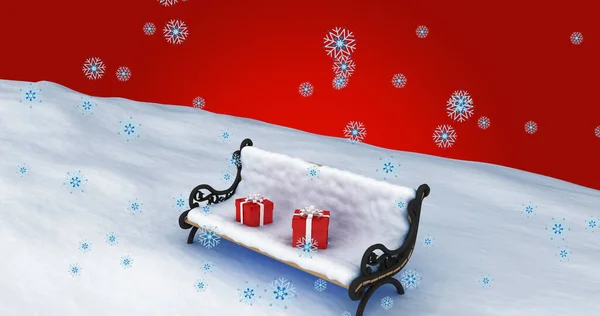 Image Snow Falling Two Red Christmas Presents Snow Covered Bench — Stock Photo, Image