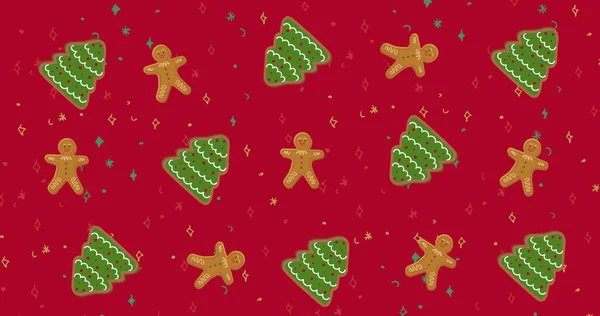 Obraz Wielu Choinki Ciasteczka Czerwonym Tle Boże Narodzenie Zima Tradycja — Zdjęcie stockowe