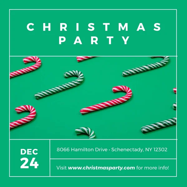 Composition of christmas party text over candy canes. Christmas party invitations and celebration concept digitally generated image.
