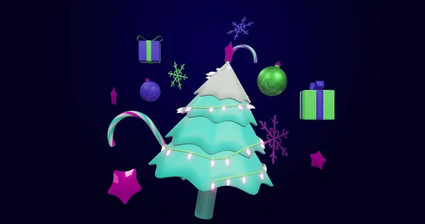 Afbeelding Van Draaiende Kerstboom Decoraties Zwarte Achtergrond Kerst Festiviteit Feest — Stockfoto