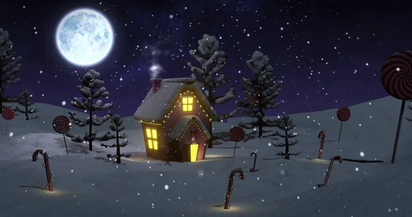 Immagine Casa Natale Alberi Neve Notte Con Bastoncini Zucchero Lecca — Foto Stock