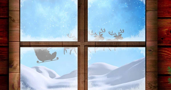 Bild Tomten Släde Med Renar Sett Genom Fönstret Jul Tradition — Stockfoto