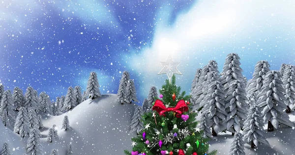 Композиція Ялинки Над Зимовим Пейзажем Різдво Традиція Концепція Святкування Цифрове — стокове фото