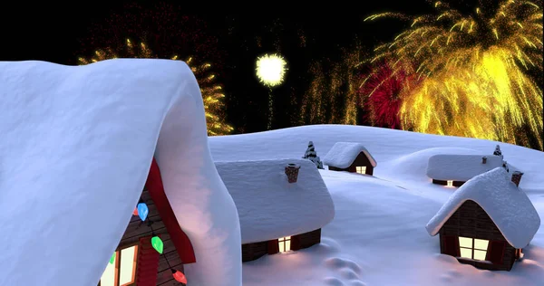 Obrázek Vánoc Novoroční Ohňostroj Noční Obloze Nad Zasněženými Domy Vánoce — Stock fotografie