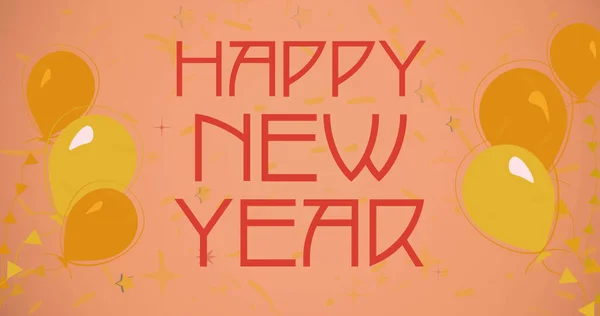 オレンジの背景に黄色の風船で赤で幸せな新年のテキストの画像 お祝いパーティー伝統季節のイベントコンセプトデジタルで生成されたイメージ — ストック写真