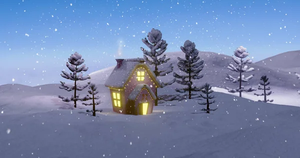 Wizerunek Domku Bożego Narodzenia Drzew Zimowym Krajobrazie Padającym Śniegiem Sezon — Zdjęcie stockowe