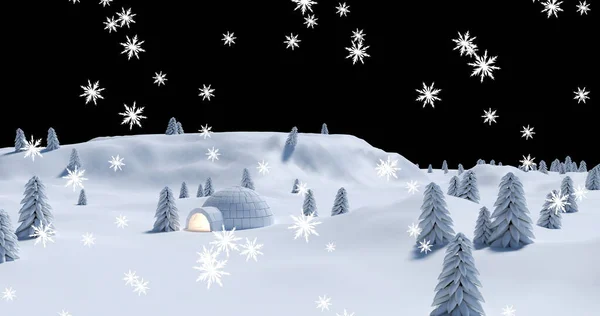 冬の夜の風景の中にイグルーの上に降る雪のイメージ クリスマス冬伝統お祝いのコンセプトデジタルで生成されたイメージ — ストック写真