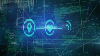 Ortam simgeleri üzerinde veri işleme animasyonu. Küresel iş ve dijital arayüz kavramı dijital olarak oluşturulmuş video.