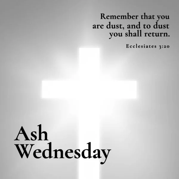 Composition of ash wednesday text over black and white glowing cross. Ash wednesday, christianity, religion and tradition concept digitally generated image.