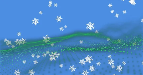 Wielokrotne Ikony Płatków Śniegu Spadające Zieloną Falę Cyfrową Niebieskim Tle — Zdjęcie stockowe