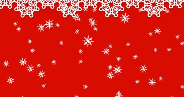 Obraz Spadającego Śniegu Nad Dekoracjami Bożego Narodzenia Czerwonym Tle Boże — Zdjęcie stockowe
