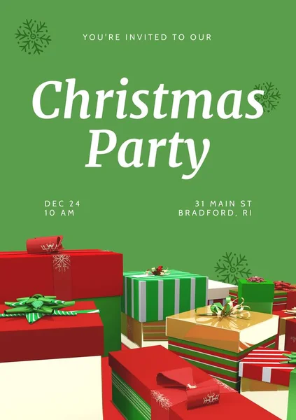 Square image of christmas party text and christmas gifts over green background. Christmas party invitation and celebrations campaign.