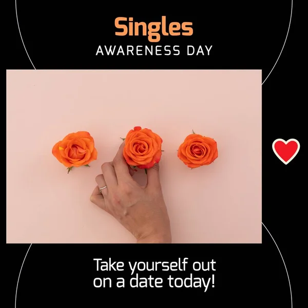 Composition of singles awareness day text, hand and three orange roses. Singles awareness day and single life concept.