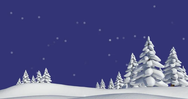Několik Hvězd Padá Stromy Zimní Krajině Modrém Pozadí Vánoční Slavnost — Stock fotografie