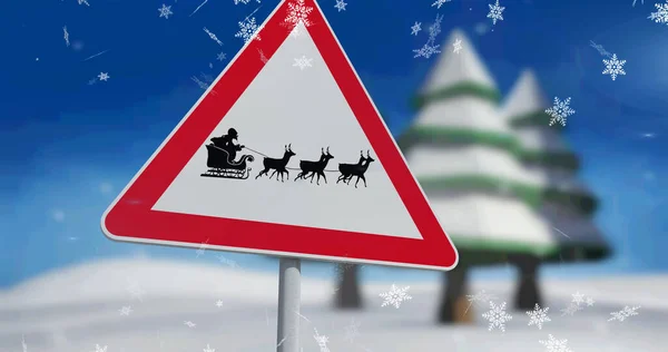 Imagen Nieve Cayendo Sobre Señal Tráfico Con Santa Claus Trineo —  Fotos de Stock