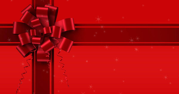 Image Snow Falling Ribbon Red Background Christmas Tradition Celebration Concept — Stock Photo, Image