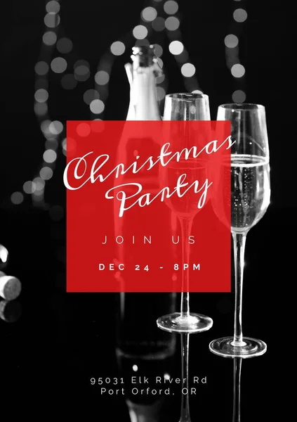 Square image of christmas party text and glasses of champagne. Christmas party invitation and celebrations campaign.
