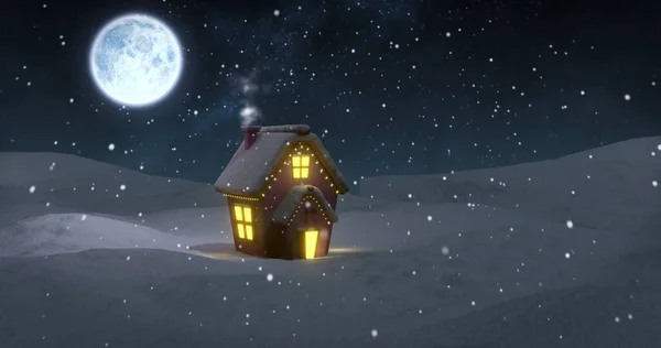 Wizerunek Domku Bożego Narodzenia Zimowym Krajobrazie Nocy Pełnią Księżyca Spadającym — Zdjęcie stockowe