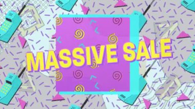 Geçmişe dönük devasa satış metninin animasyonu. Dijital olarak üretilen küresel satış, perakende ve iletişim konsepti.