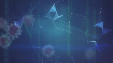 Virüs hücreleri üzerinde küresel ve finansal veri işleme animasyonu. Küresel iş, finans ve dijital arayüz kavramı dijital olarak oluşturulmuş video.