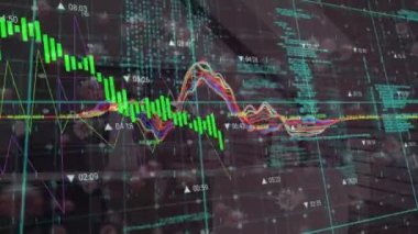 Boş odadaki finansal veri işleme ve virüs hücrelerinin animasyonu. Küresel iş, finans ve dijital arayüz kavramı dijital olarak oluşturulmuş video.