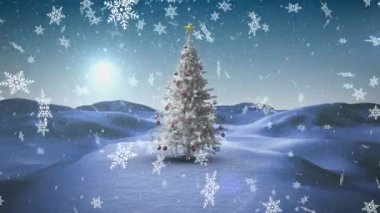 Yılbaşı kutlamalarının animasyonu Noel ağacının üzerine yağan mesaj ve kar. Noel, şenlik, kutlama ve gelenek konsepti dijital olarak oluşturuldu.