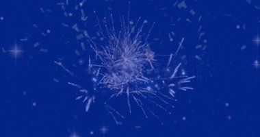 Konfeti animasyonu, parlayan yıldızlar ve mutlu noel mesajları üzerine patlayan havai fişekler. Noel şenliği ve kutlama konsepti