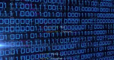 Ekranda ikili kodlama ve veri işleme animasyonu. Küresel hesaplama, iş, finans ve veri işleme kavramı dijital olarak oluşturulmuş video.