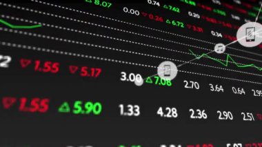 Veri işleme üzerine simgelerle bağlantı ağının animasyonu. Dijital olarak oluşturulmuş küresel bağlantılar, finans ve dijital arayüz kavramı.