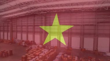 Depoda Vietnam bayrağı animasyonu. Küresel gönderim, finans ve dağıtım konsepti dijital olarak oluşturuldu.