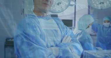 Çeşitli doktorlar üzerinde veri işleme animasyonu. Küresel tıp, finans ve dijital arayüz kavramı dijital olarak oluşturulmuş video.