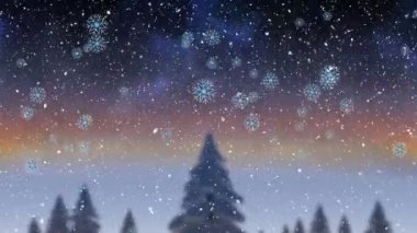 Kış manzarası arka planında kar yağışının animasyonu. Noel, şenlik, kutlama ve gelenek konsepti dijital olarak oluşturuldu.