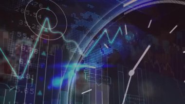 Finansal veri işlemenin animasyonu ve siyah arka planda hareket eden dünya. Küresel iş, finans ve dijital arayüz kavramı dijital olarak oluşturulmuş video.