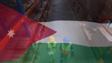 Ürdün bayrağının ambardaki çeşitli işçiler üzerinde canlandırılması. Küresel gönderim, finans ve dağıtım konsepti dijital olarak oluşturuldu.
