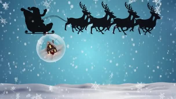 Animazione Neve Che Cade Babbo Natale Slitta Con Renne Sopra — Video Stock