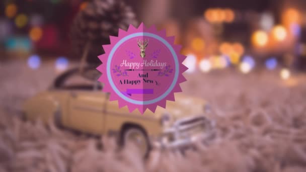 Animatie Van Vrolijke Feestdagen Een Vrolijke Nieuwjaarstekst Cirkel Auto Speelgoed — Stockvideo