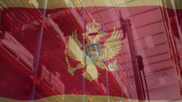 Анимация Флага Черногории Над Складом Глобальная Доставка Финансы Концепция Доставки — стоковое видео