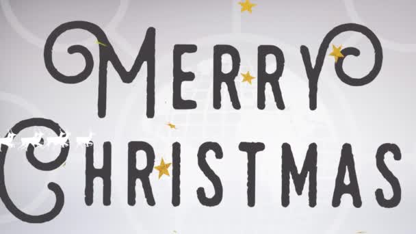 灰色の背景に陽気なクリスマスのテキストの上にReindersによって引っ張らそりでサンタクラスのアニメーション クリスマスのお祭りとお祝いのコンセプト — ストック動画