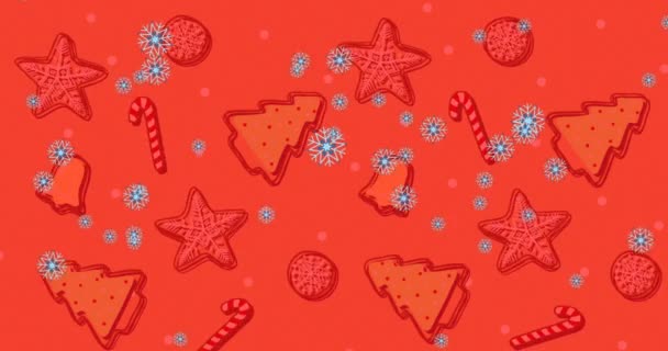 Animation Von Schnee Der Über Weihnachtsdekorationen Auf Rotem Hintergrund Fällt — Stockvideo