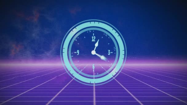 ネオン時計と青の背景に紫色のグリッドネットワーク上のグリッチ効果のアニメーション コンピュータ インターフェースとビジネス技術の概念 — ストック動画