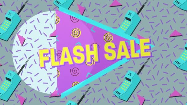 Animação Banner Texto Venda Flash Sobre Ícones Telefone Padrões Sem — Vídeo de Stock