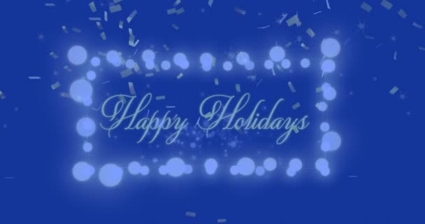 青い背景に妖精のライトバナーに幸せな休日のテキストを転倒コンフェッティのアニメーション クリスマスのお祭りとお祝いのコンセプト — ストック動画