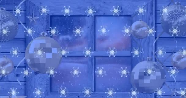 Animation Flocons Neige Dessus Fenêtre Avec Boules Paysage Hivernal Noel — Video