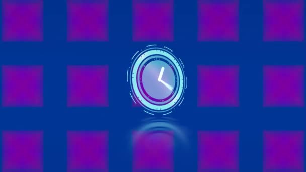 Animación Reloj Neón Tictac Sobre Patrones Caleidoscópicos Rojos Sobre Fondo — Vídeo de stock