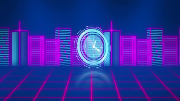 Animáció Neon Ketyegő Óra Városi Modell Rács Hálózaton Keresztül Lila — Stock videók