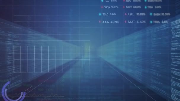 针对计算机服务器机房的统计和股票市场数据处理动画 全球经济和商业数据储存技术概念 — 图库视频影像