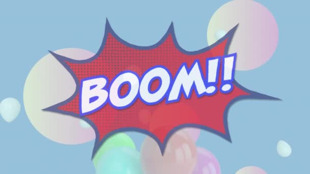 Анимация Бума Текстового Баннера Над Речевым Пузырем Воздушными Шарами Плавающими — стоковое видео