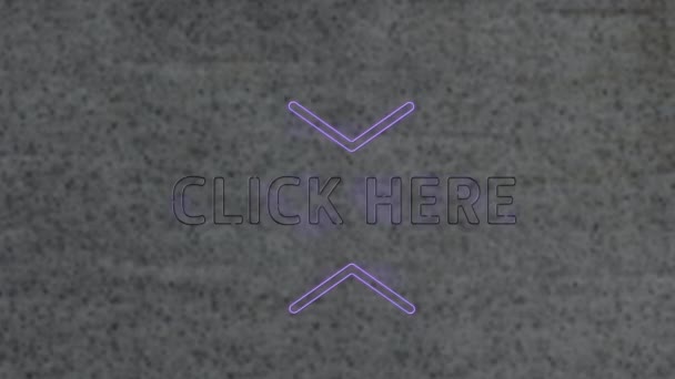 Animatie Van Neon Paars Klik Hier Tekst Banner Tegen Getextureerde — Stockvideo